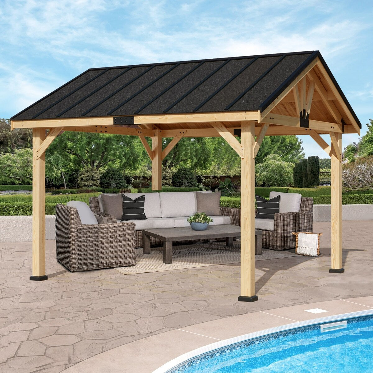 11 x 11 ft Resilient Spruce Pergola with Asphalt Roof, All-Season Canopy
