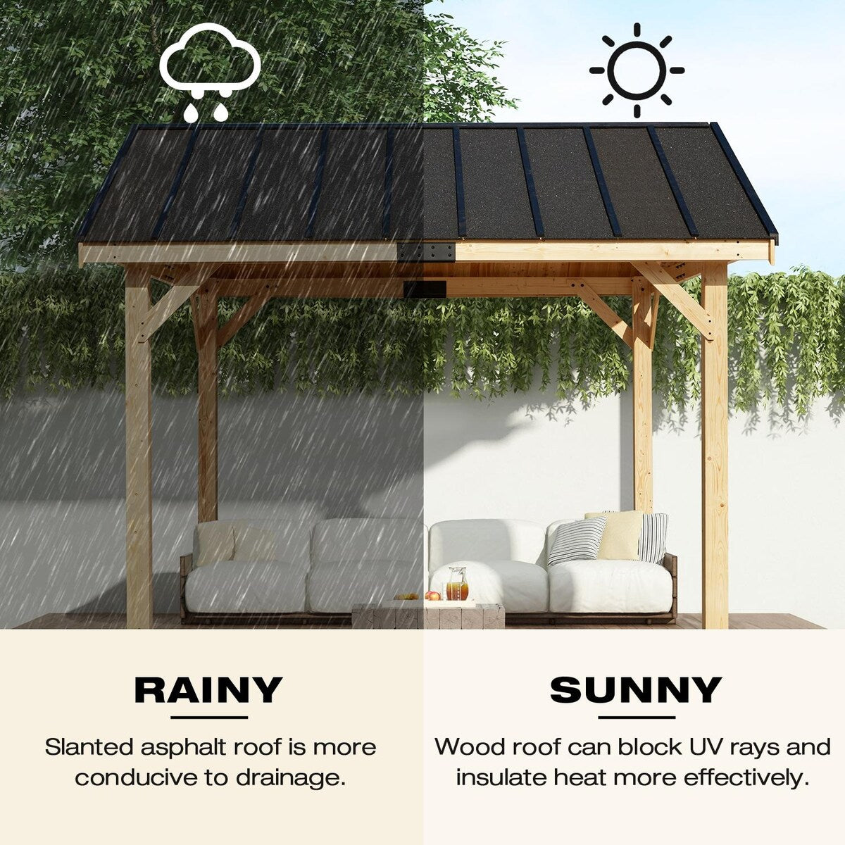 11 x 11 ft Resilient Spruce Pergola with Asphalt Roof, All-Season Canopy