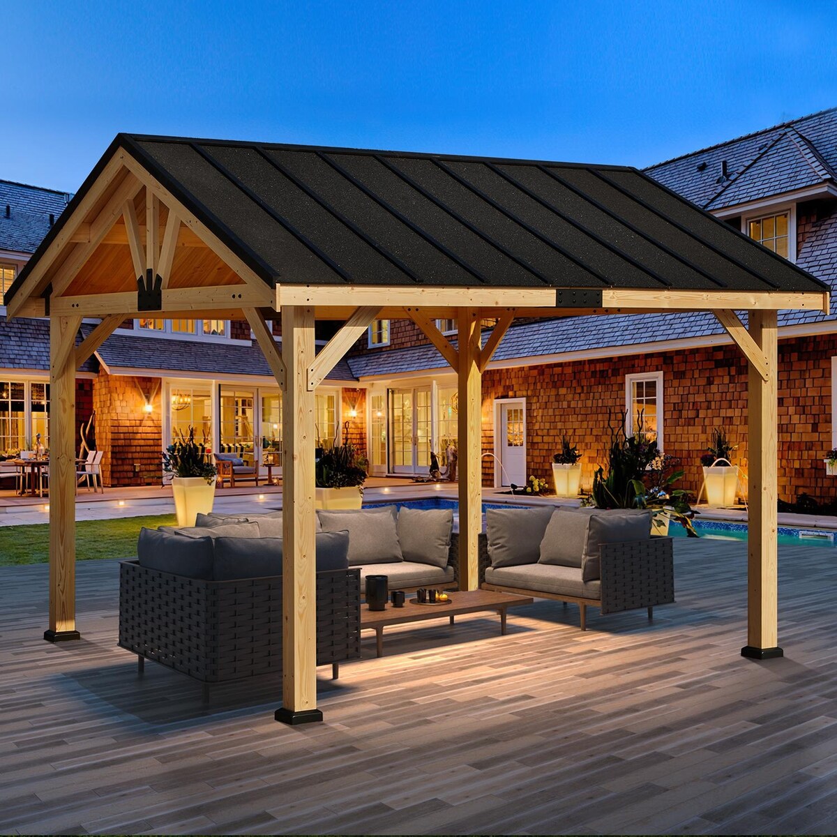 11 x 11 ft Resilient Spruce Pergola with Asphalt Roof, All-Season Canopy