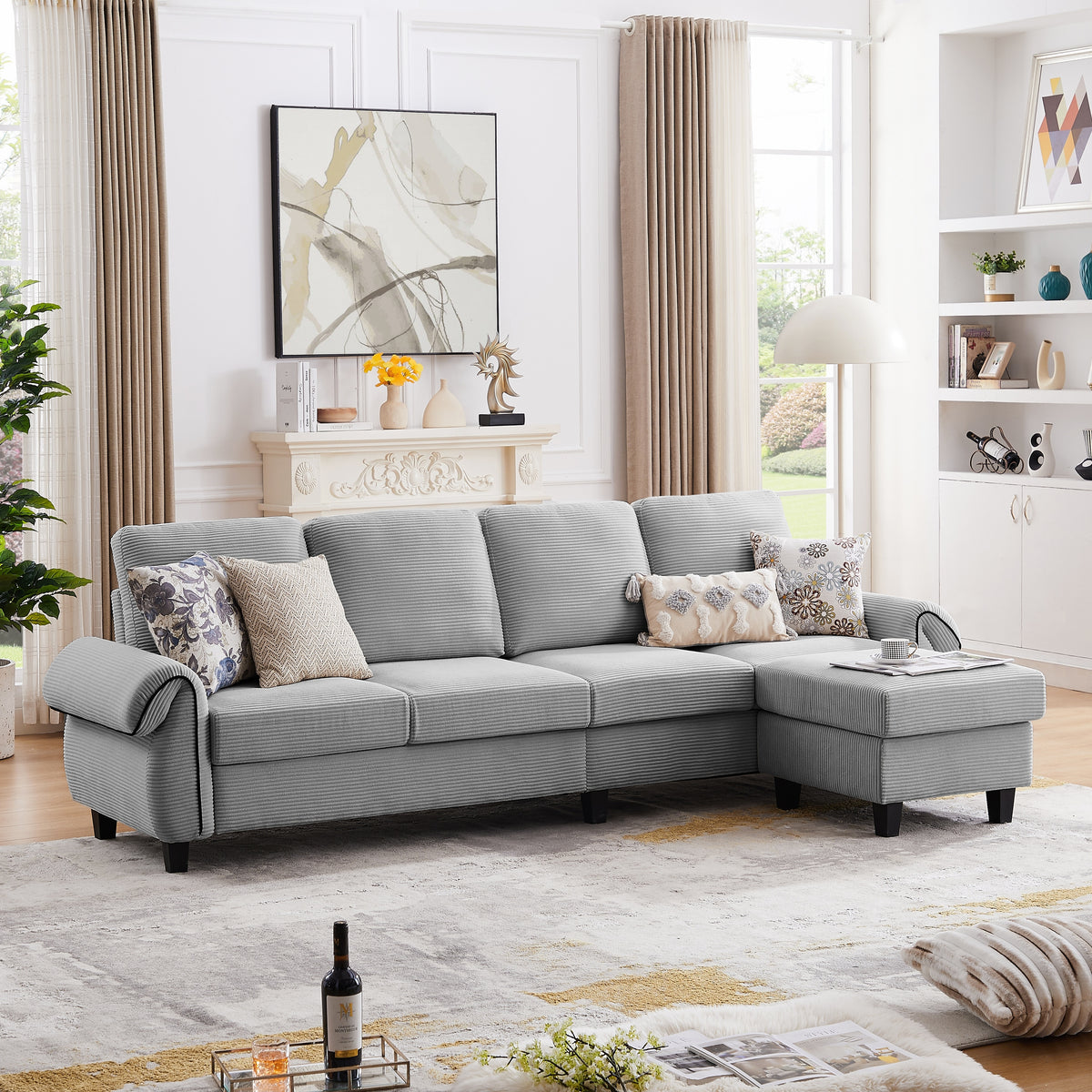 110.02 in. W Rolled Arms 4-Seat L Shaped Soft Corduroy Fabric Modern S
