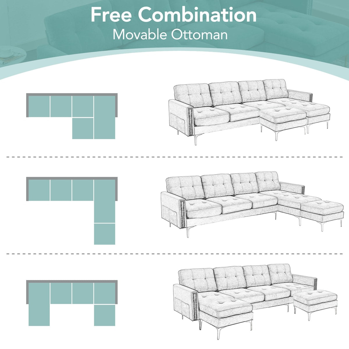 110" L-Shape Convertible Sectional Sofa Couch with Movable Ottoman for Living Room, Apartment, Office