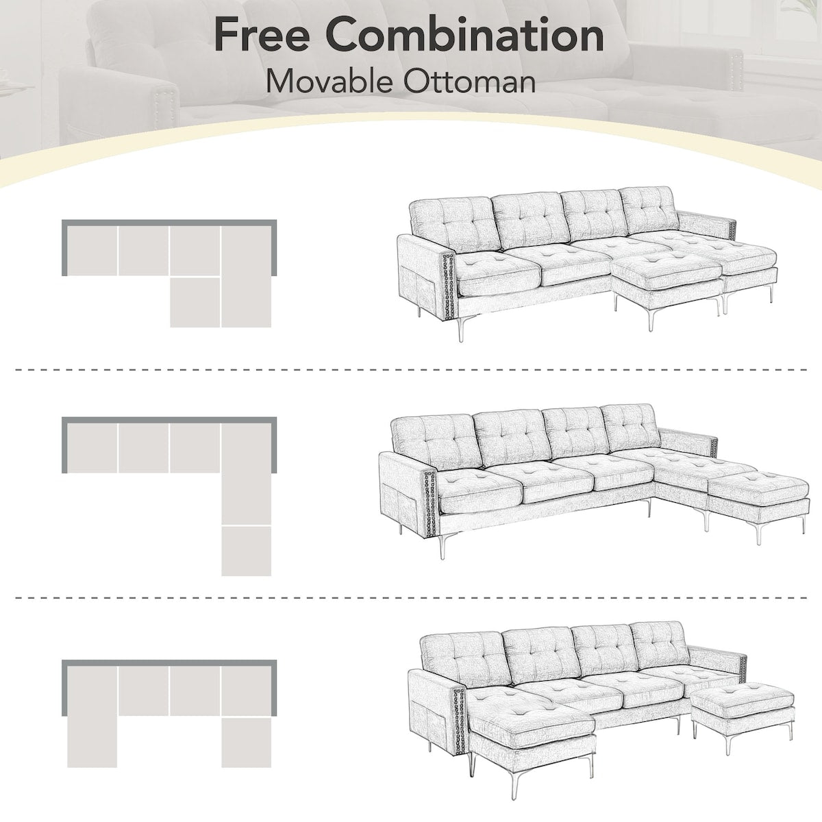 110" L-Shape Convertible Sectional Sofa Couch with Movable Ottoman for Living Room, Apartment, Office