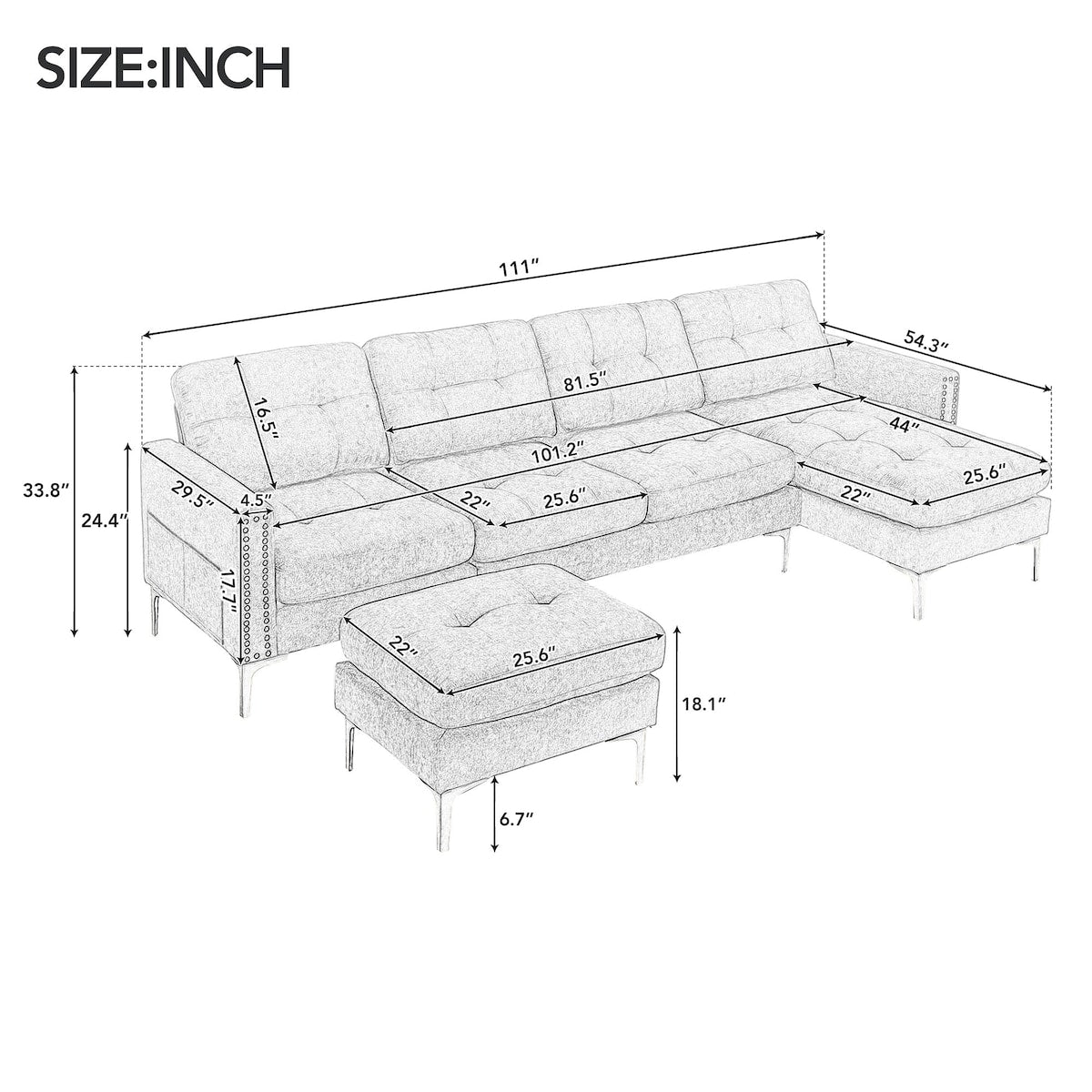 110" L-Shape Convertible Sectional Sofa Couch with Movable Ottoman for Living Room, Apartment, Office