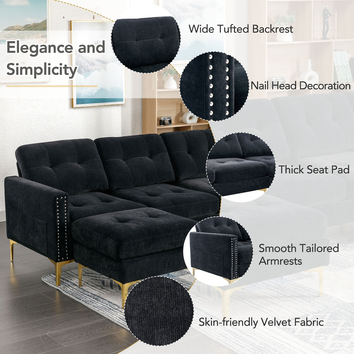 110" L-Shape Convertible Sectional Sofa Couch with Movable Ottoman for Living Room, Apartment, Office
