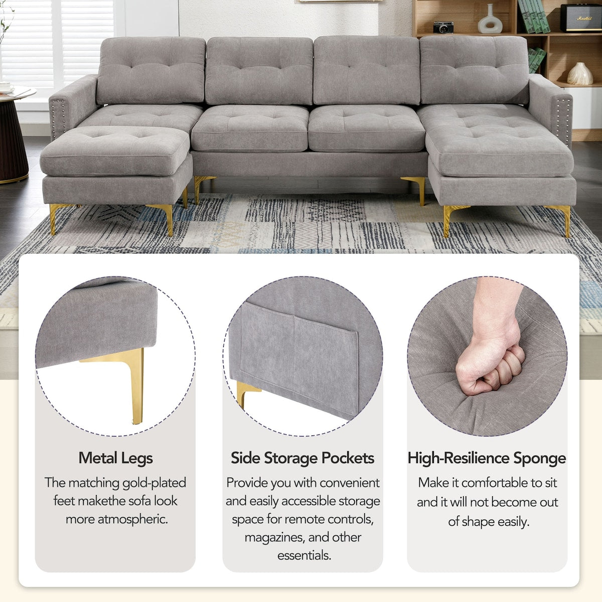 110" L-Shape Convertible Sectional Sofa Couch with Movable Ottoman for Living Room, Apartment, Office