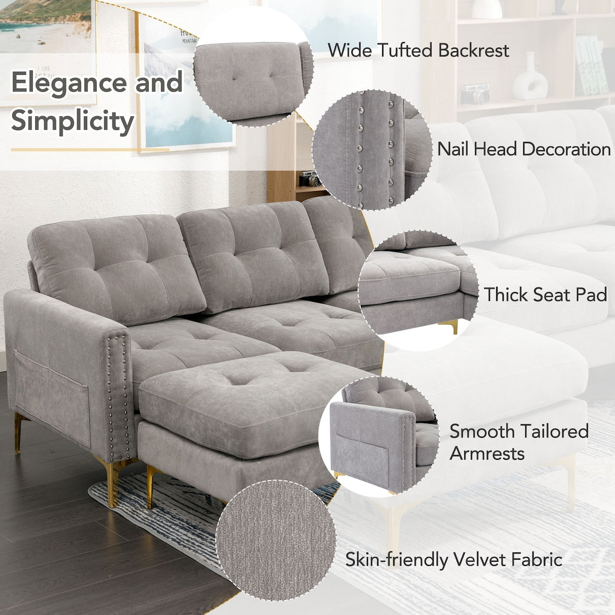 110" L-Shape Convertible Sectional Sofa Couch with Movable Ottoman for Living Room, Apartment, Office