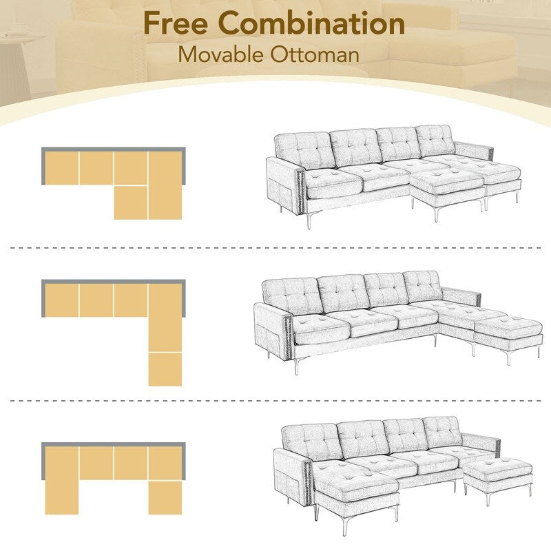 110" Simplicity L-Shaped Convertible Sectional Sofa Couch With Movable Ottoman,Convenient Storage Pockets For More Scenes