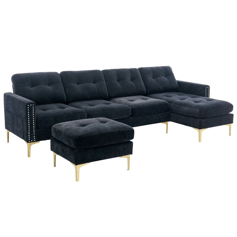 110" Simplicity L-Shaped Convertible Sectional Sofa Couch With Movable Ottoman,Convenient Storage Pockets For More Scenes