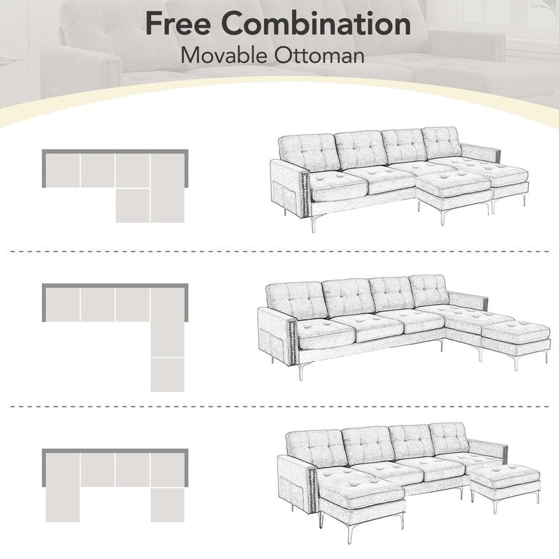 110" Simplicity L-Shaped Convertible Sectional Sofa Couch With Movable Ottoman,Convenient Storage Pockets For More Scenes
