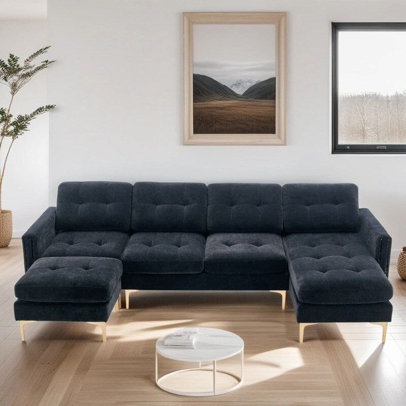 110" Simplicity L-Shaped Convertible Sectional Sofa Couch With Movable Ottoman,Convenient Storage Pockets For More Scenes