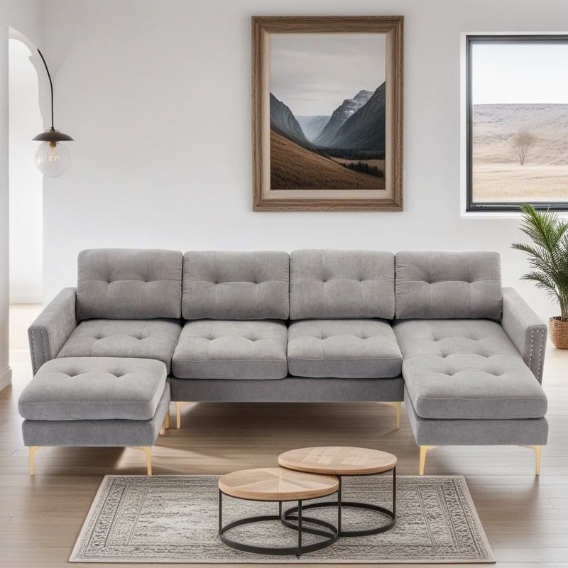 110" Simplicity L-Shaped Convertible Sectional Sofa Couch With Movable Ottoman,Convenient Storage Pockets For More Scenes