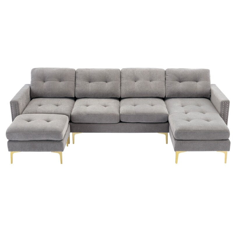 110" Simplicity L-Shaped Convertible Sectional Sofa Couch With Movable Ottoman,Convenient Storage Pockets For More Scenes