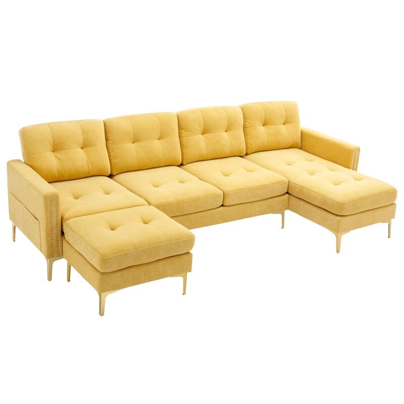 110" Simplicity L-Shaped Convertible Sectional Sofa Couch With Movable Ottoman,Convenient Storage Pockets For More Scenes