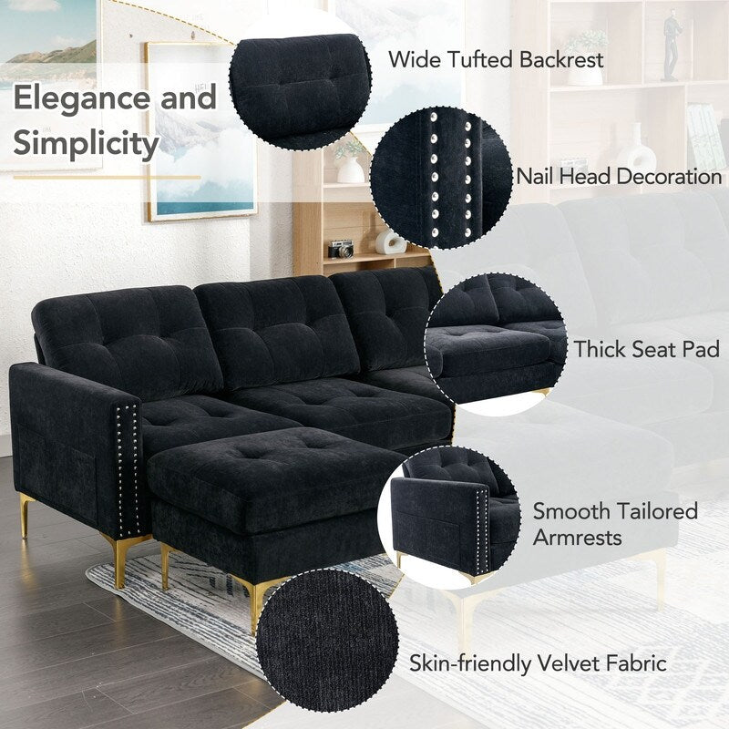 110" Simplicity L-Shaped Convertible Sectional Sofa Couch With Movable Ottoman,Convenient Storage Pockets For More Scenes