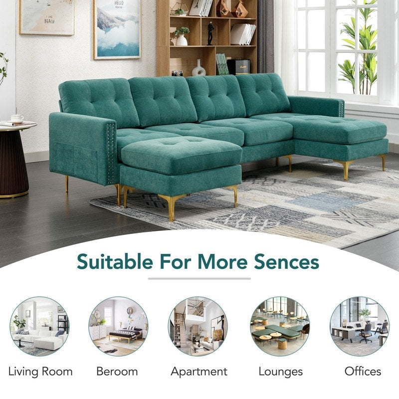 110" Simplicity L-Shaped Convertible Sectional Sofa Couch With Movable Ottoman,Convenient Storage Pockets For More Scenes