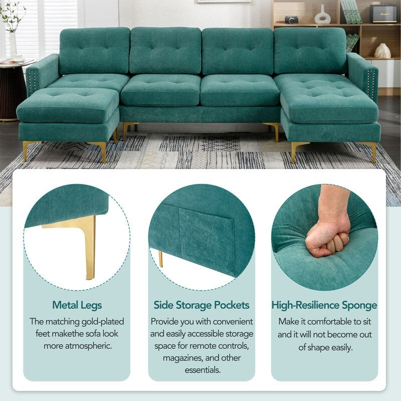110" Simplicity L-Shaped Convertible Sectional Sofa Couch With Movable Ottoman,Convenient Storage Pockets For More Scenes