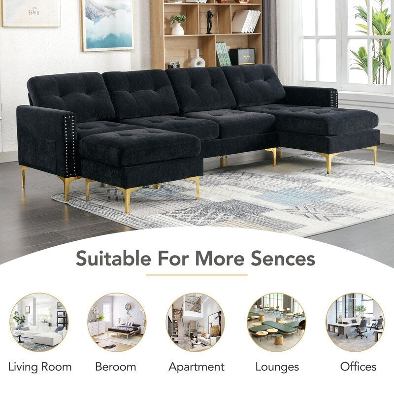110" Simplicity L-Shaped Convertible Sectional Sofa Couch With Movable Ottoman,Convenient Storage Pockets For More Scenes