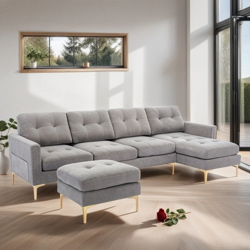 110" Simplicity L-Shaped Convertible Sectional Sofa Couch With Movable Ottoman,Convenient Storage Pockets For More Scenes