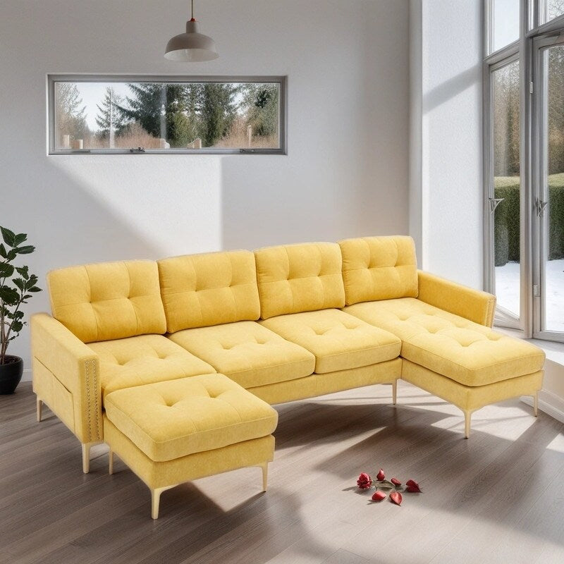 110" Simplicity L-Shaped Convertible Sectional Sofa Couch With Movable Ottoman,Convenient Storage Pockets For More Scenes