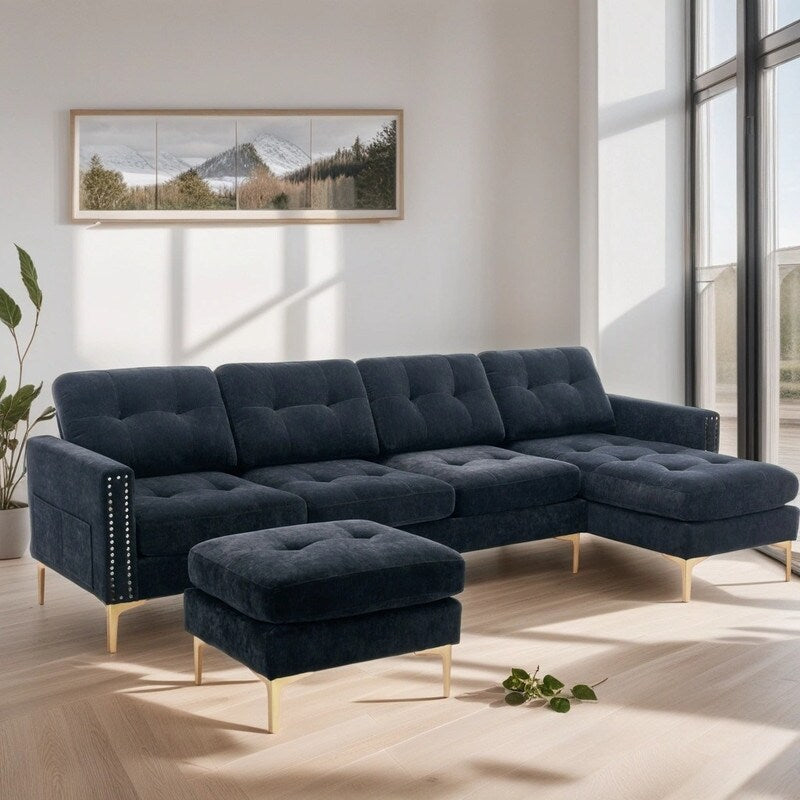 110" Simplicity L-Shaped Convertible Sectional Sofa Couch With Movable Ottoman,Convenient Storage Pockets For More Scenes