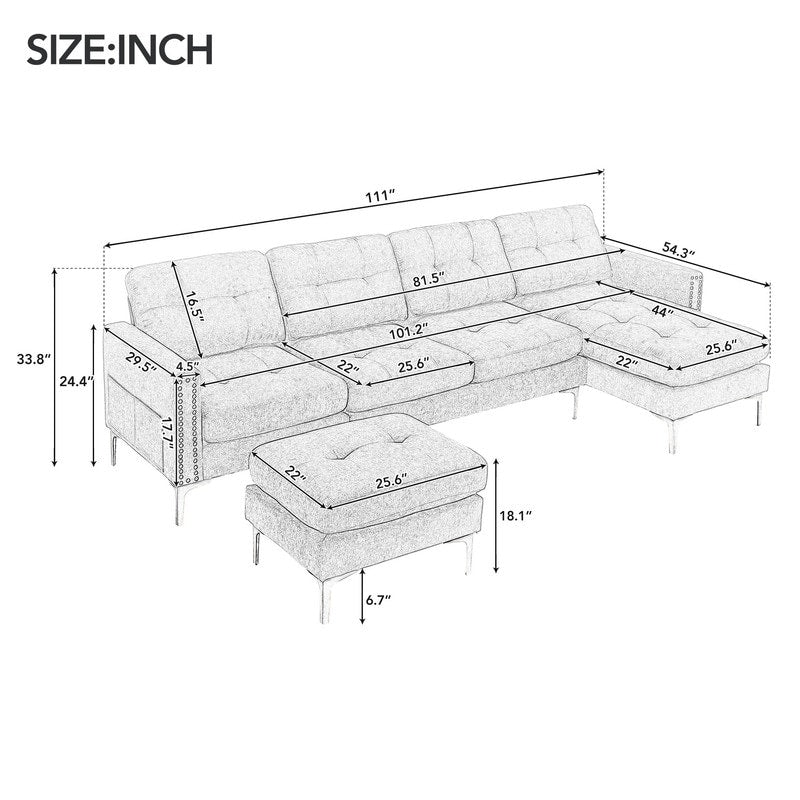 110" Simplicity L-Shaped Convertible Sectional Sofa Couch With Movable Ottoman,Convenient Storage Pockets For More Scenes