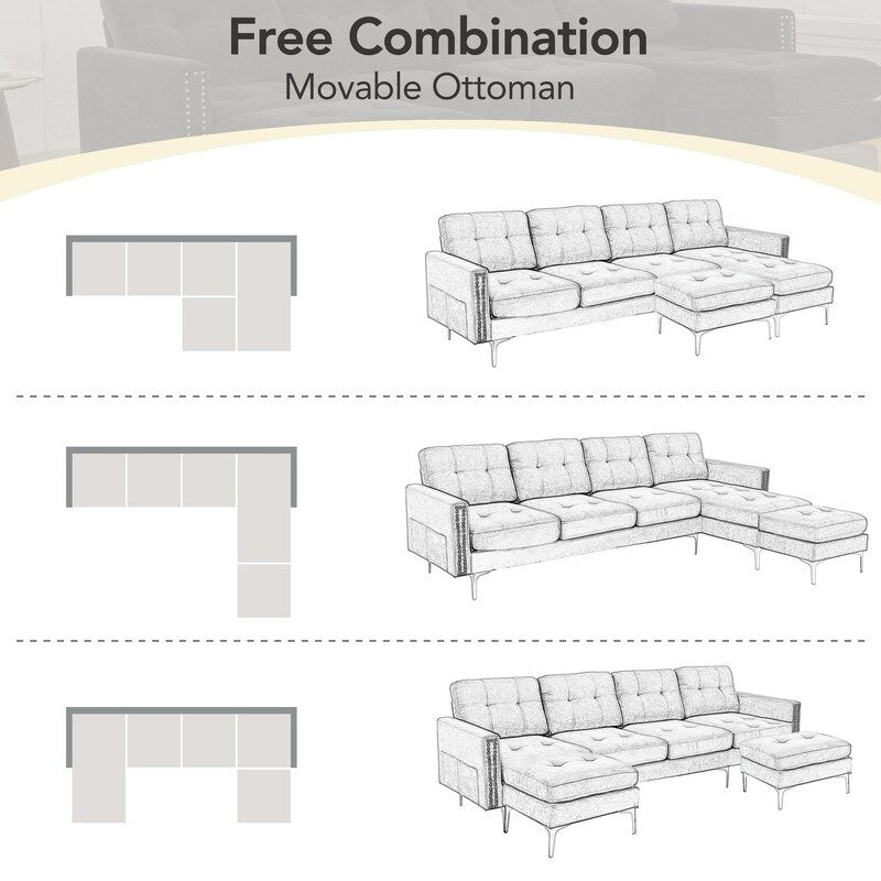 110" Simplicity L-Shaped Convertible Sectional Sofa Couch With Movable Ottoman,Convenient Storage Pockets For More Scenes