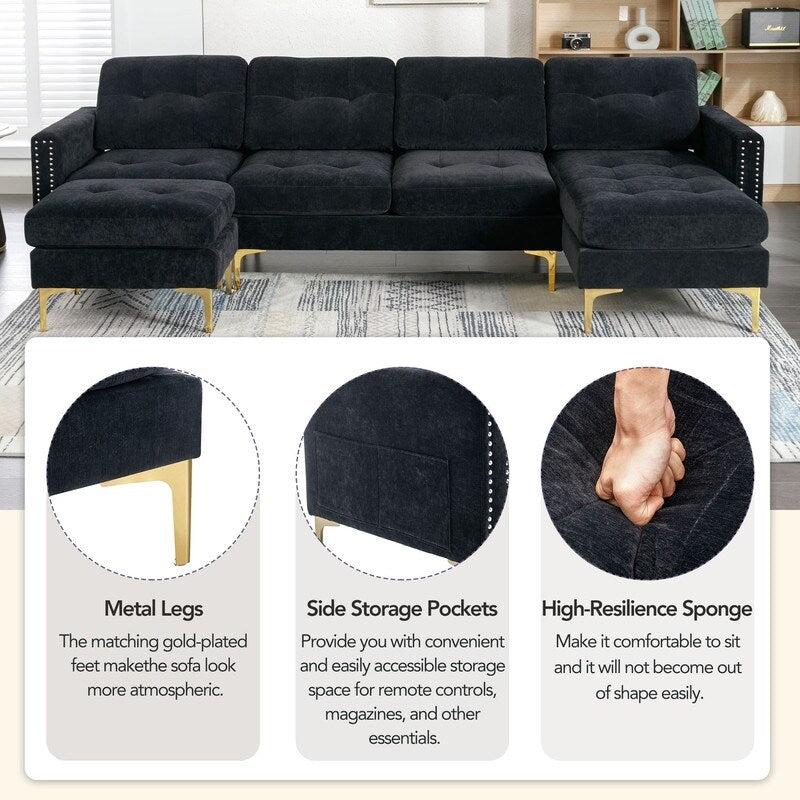 110" Simplicity L-Shaped Convertible Sectional Sofa Couch With Movable Ottoman,Convenient Storage Pockets For More Scenes
