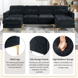 110" Simplicity L-Shaped Convertible Sectional Sofa Couch With Movable Ottoman,Convenient Storage Pockets For More Scenes