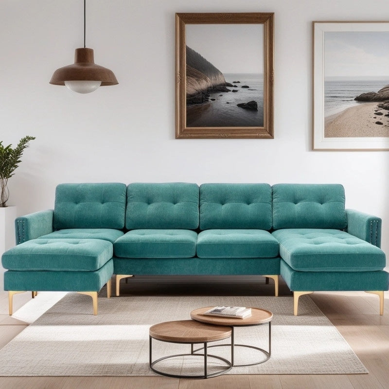 110" Simplicity L-Shaped Convertible Sectional Sofa Couch With Movable Ottoman,Convenient Storage Pockets For More Scenes