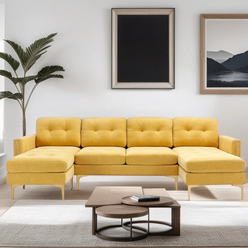 110" Simplicity L-Shaped Convertible Sectional Sofa Couch With Movable Ottoman,Convenient Storage Pockets For More Scenes