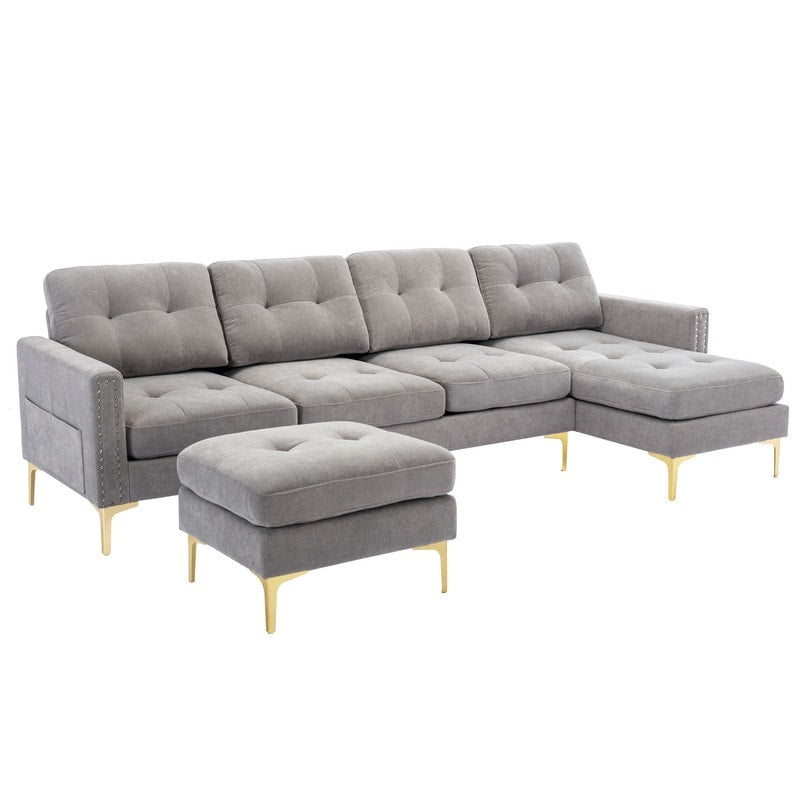 110" Simplicity L-Shaped Convertible Sectional Sofa Couch With Movable Ottoman,Convenient Storage Pockets For More Scenes