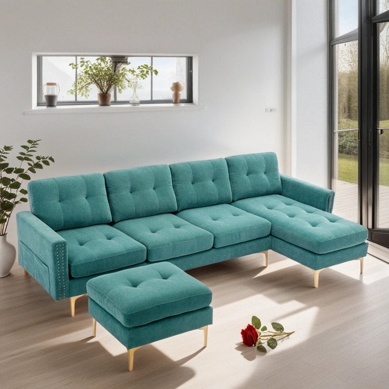 110" Simplicity L-Shaped Convertible Sectional Sofa Couch With Movable Ottoman,Convenient Storage Pockets For More Scenes
