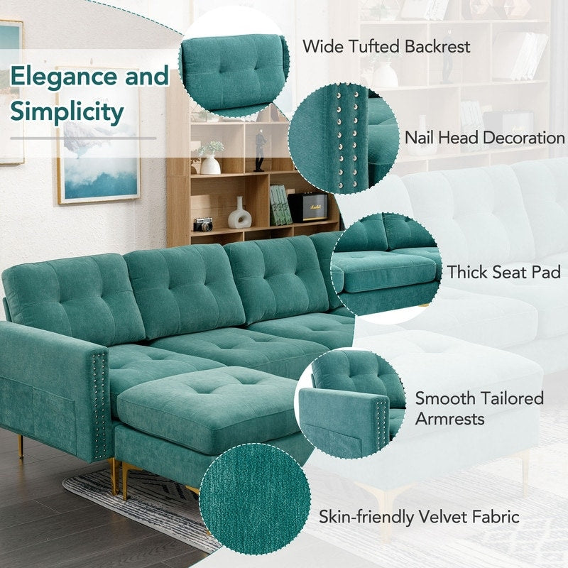 110" Simplicity L-Shaped Convertible Sectional Sofa Couch With Movable Ottoman,Convenient Storage Pockets For More Scenes