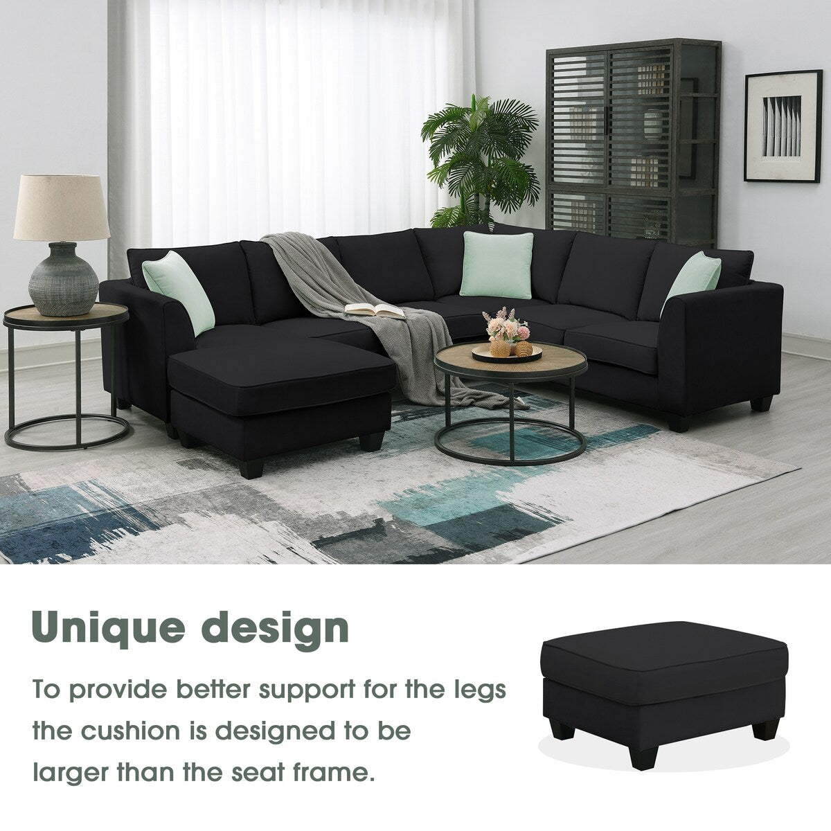 112-inch L-shaped 7-seat Modular Sectional Sofa with Ottoman and Three Pillows - 112"W x 87"D x 33"H