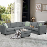 112-inch L-shaped 7-seat Modular Sectional Sofa with Ottoman and Three Pillows - 112"W x 87"D x 33"H