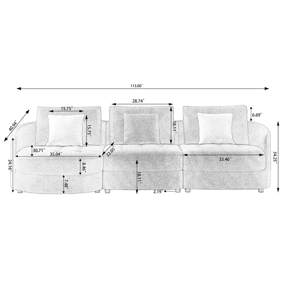 113" Modern Teddy Fabric L-shape Left Couch with Support Pillow