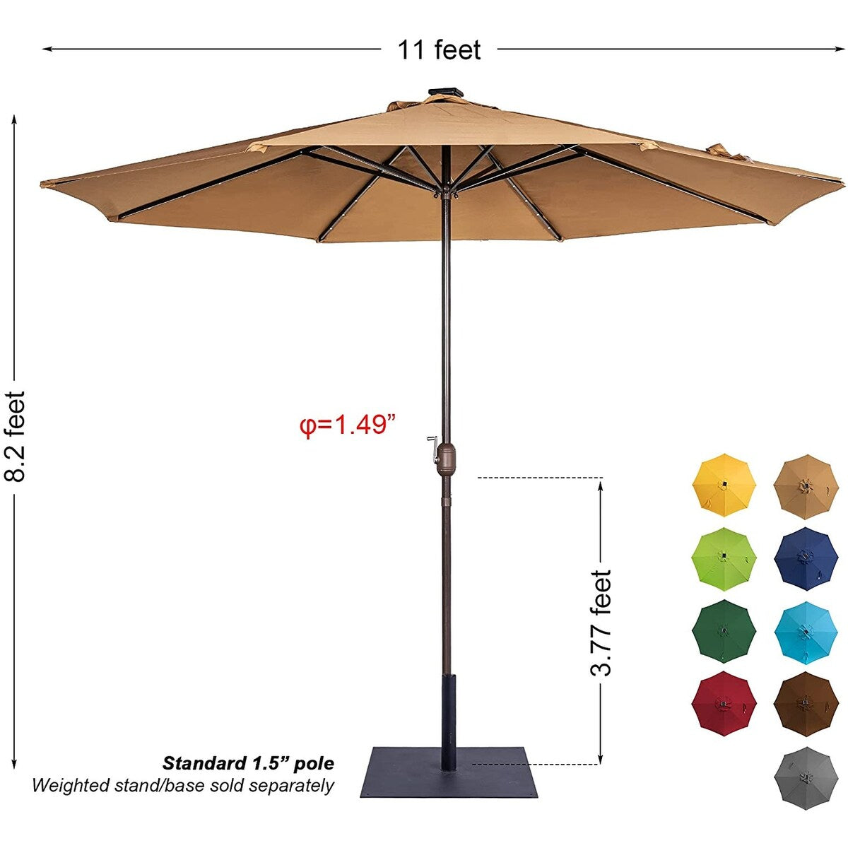 11FT 40 LED Lights Umbrella with Crank,Garden Pool Solar Powered Parasol,No Tilt