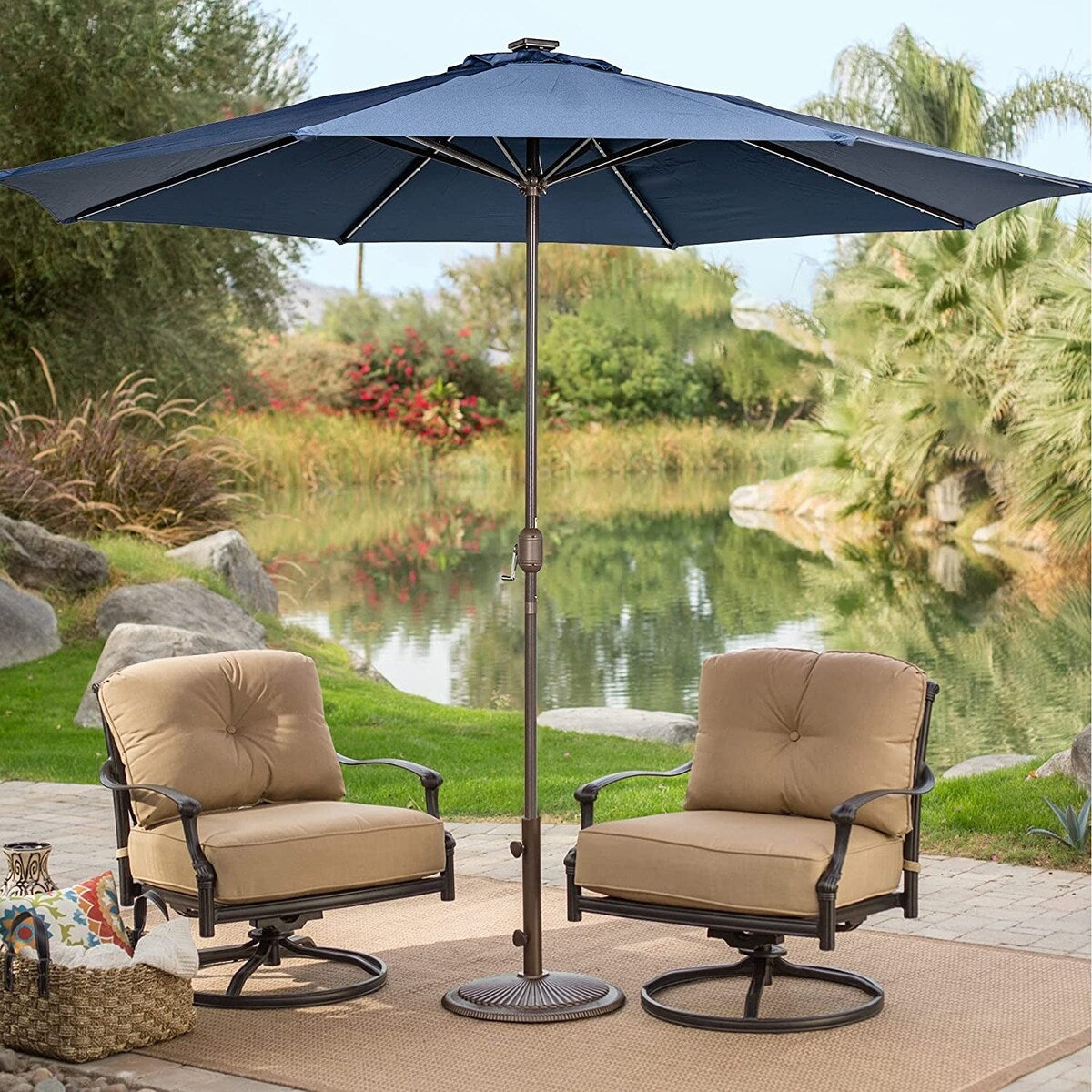 11FT 40 LED Lights Umbrella with Crank,Garden Pool Solar Powered Parasol,No Tilt