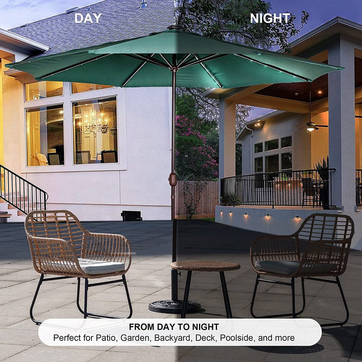 11FT 40 LED Lights Umbrella with Crank,Garden Pool Solar Powered Parasol,No Tilt