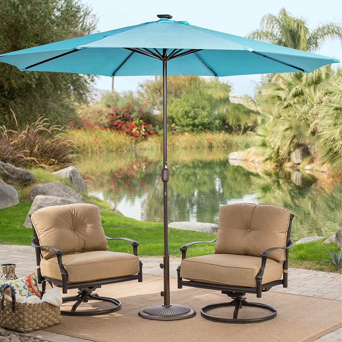 11FT 40 LED Lights Umbrella with Crank,Garden Pool Solar Powered Parasol,No Tilt