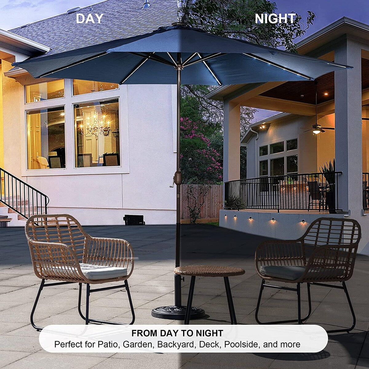 11FT 40 LED Lights Umbrella with Crank,Garden Pool Solar Powered Parasol,No Tilt