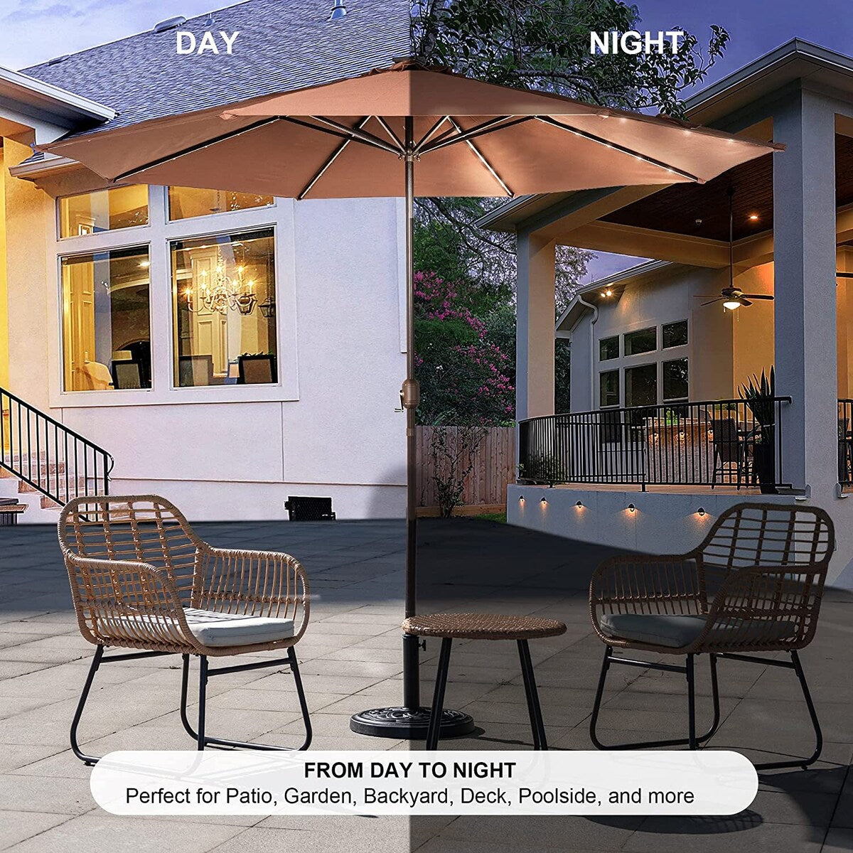11FT 40 LED Lights Umbrella with Crank,Garden Pool Solar Powered Parasol,No Tilt