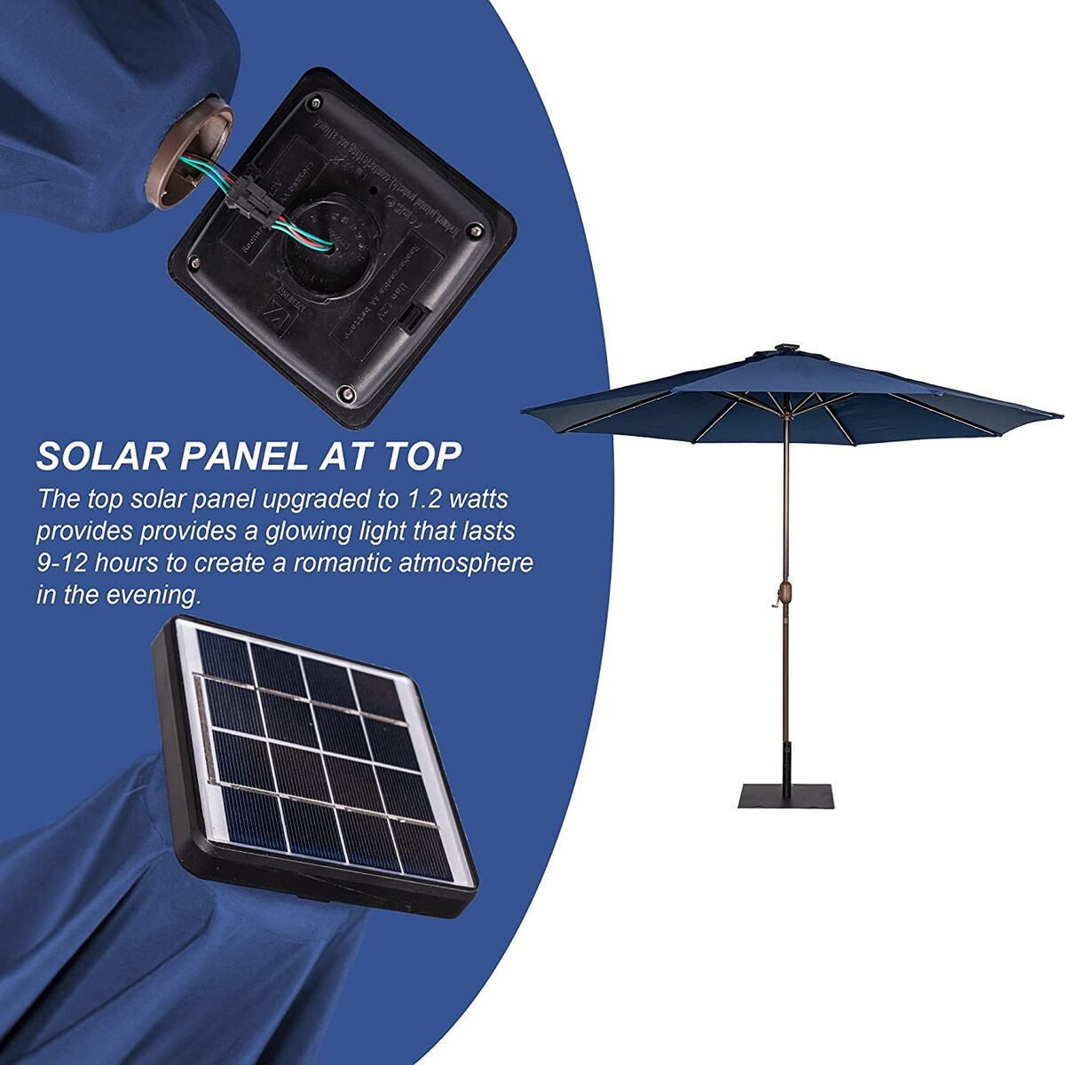 11FT 40 LED Lights Umbrella with Crank,Garden Pool Solar Powered Parasol,No Tilt