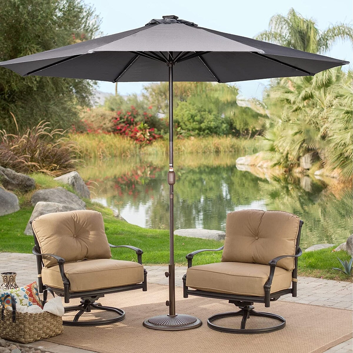 11FT 40 LED Lights Umbrella with Crank,Garden Pool Solar Powered Parasol,No Tilt