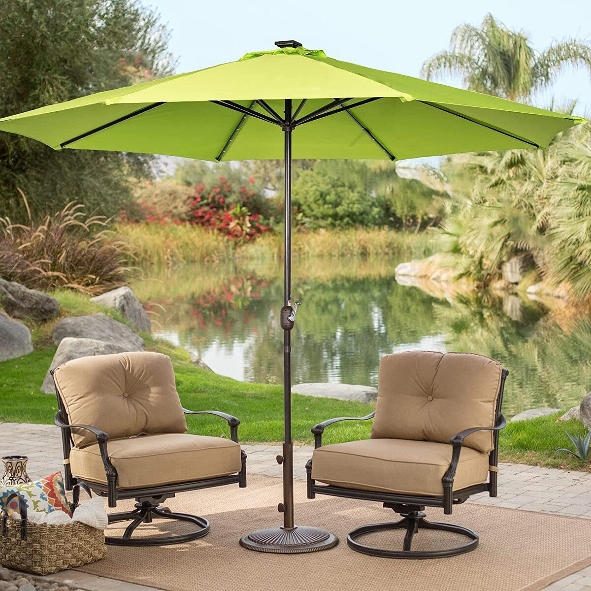 11FT 40 LED Lights Umbrella with Crank,Garden Pool Solar Powered Parasol,No Tilt