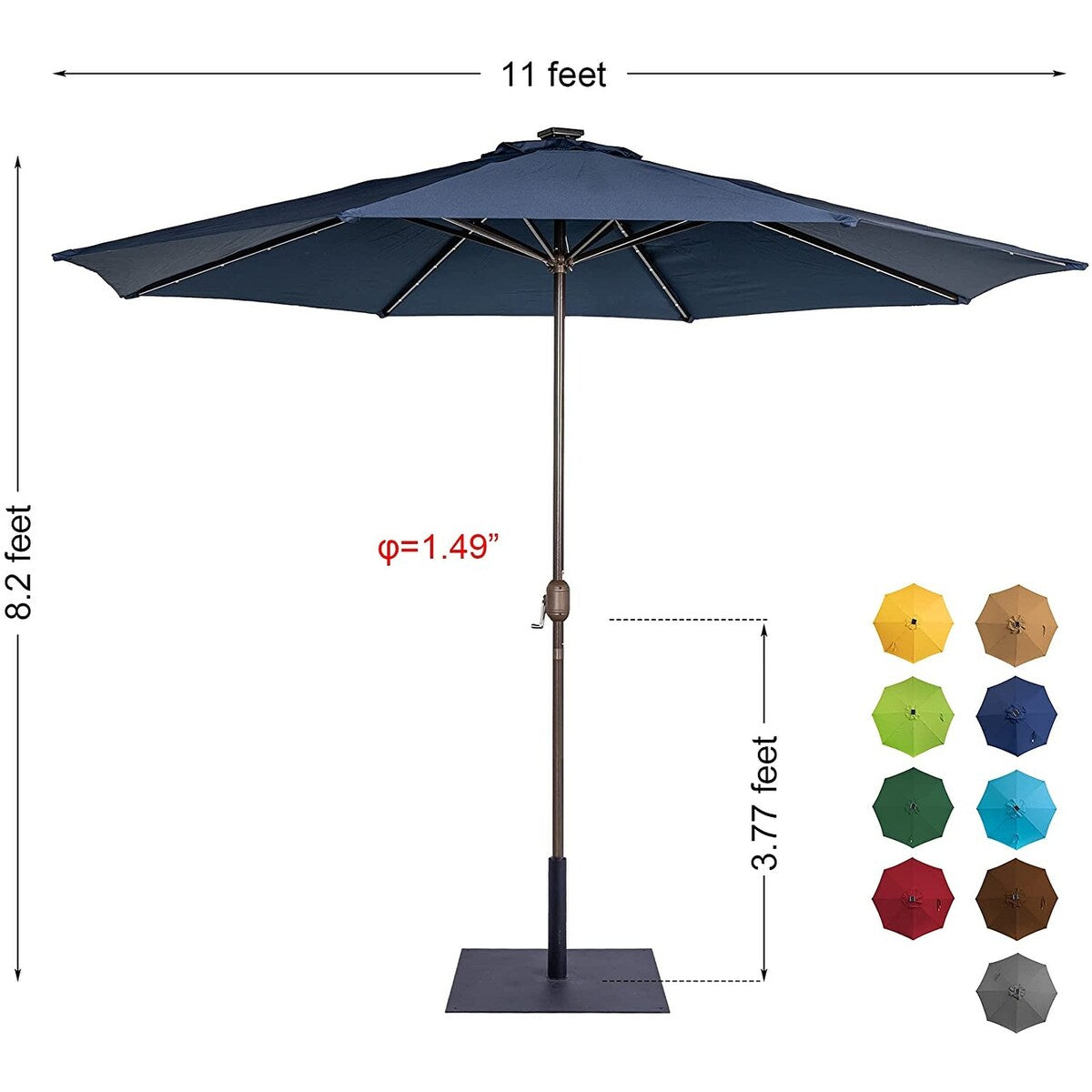 11FT 40 LED Lights Umbrella with Crank,Garden Pool Solar Powered Parasol,No Tilt