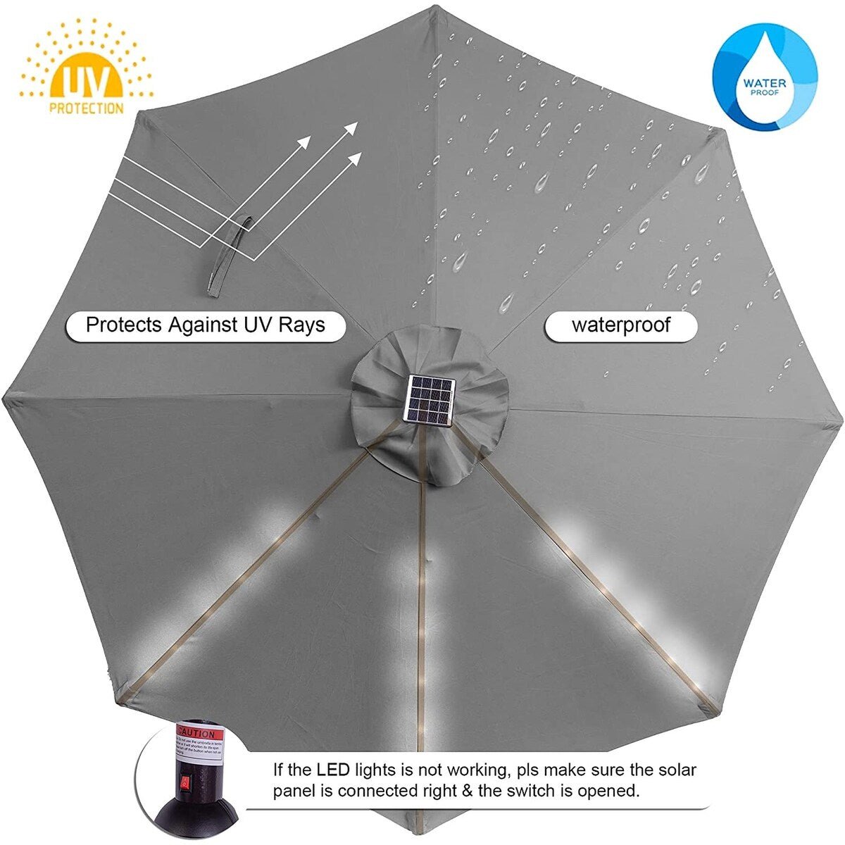 11FT 40 LED Lights Umbrella with Crank,Garden Pool Solar Powered Parasol,No Tilt