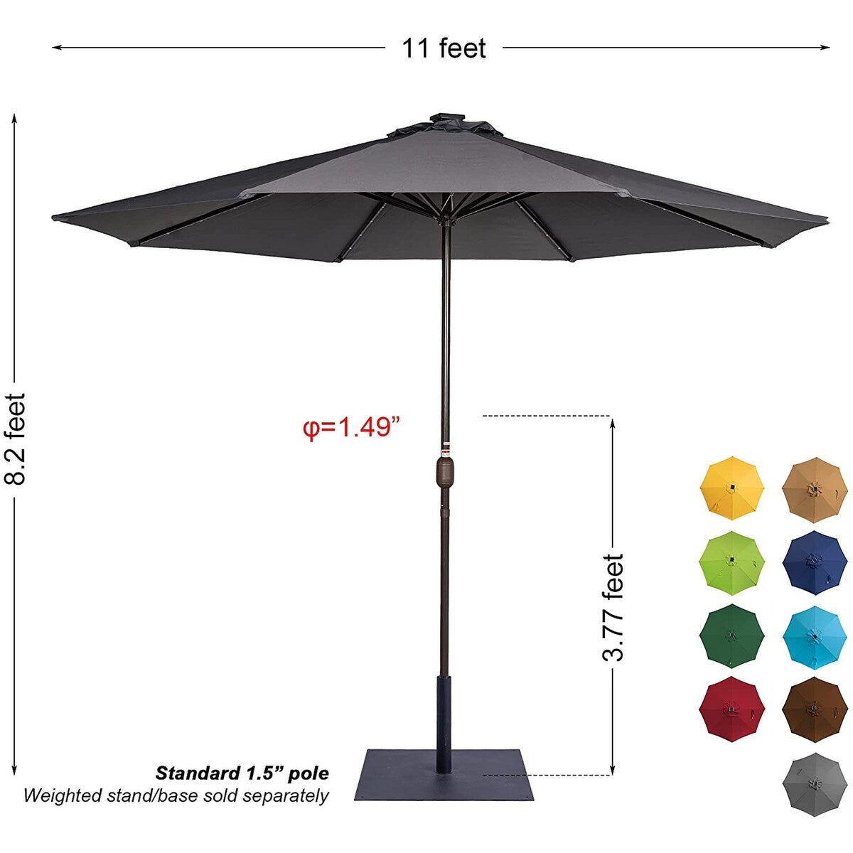 11FT 40 LED Lights Umbrella with Crank,Garden Pool Solar Powered Parasol,No Tilt