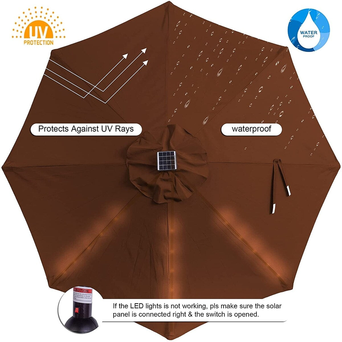 11FT 40 LED Lights Umbrella with Crank,Garden Pool Solar Powered Parasol,No Tilt