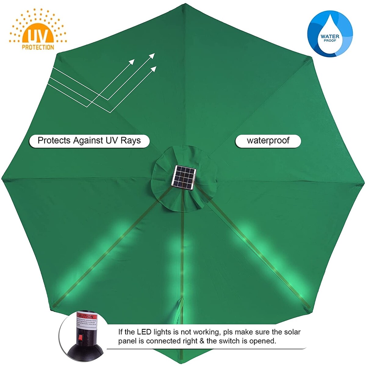 11FT 40 LED Lights Umbrella with Crank,Garden Pool Solar Powered Parasol,No Tilt